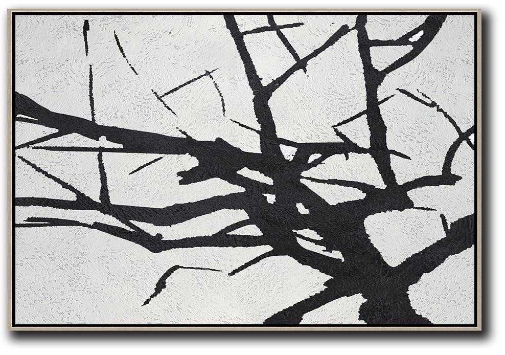 Cz Art Design - Hand Painted Oversized Horizontal Minimal Art On Canvas, Black And White Minimalist Painting, Abstract Tree Art - Wrapped Canvas Artwork Cafe Room Huge